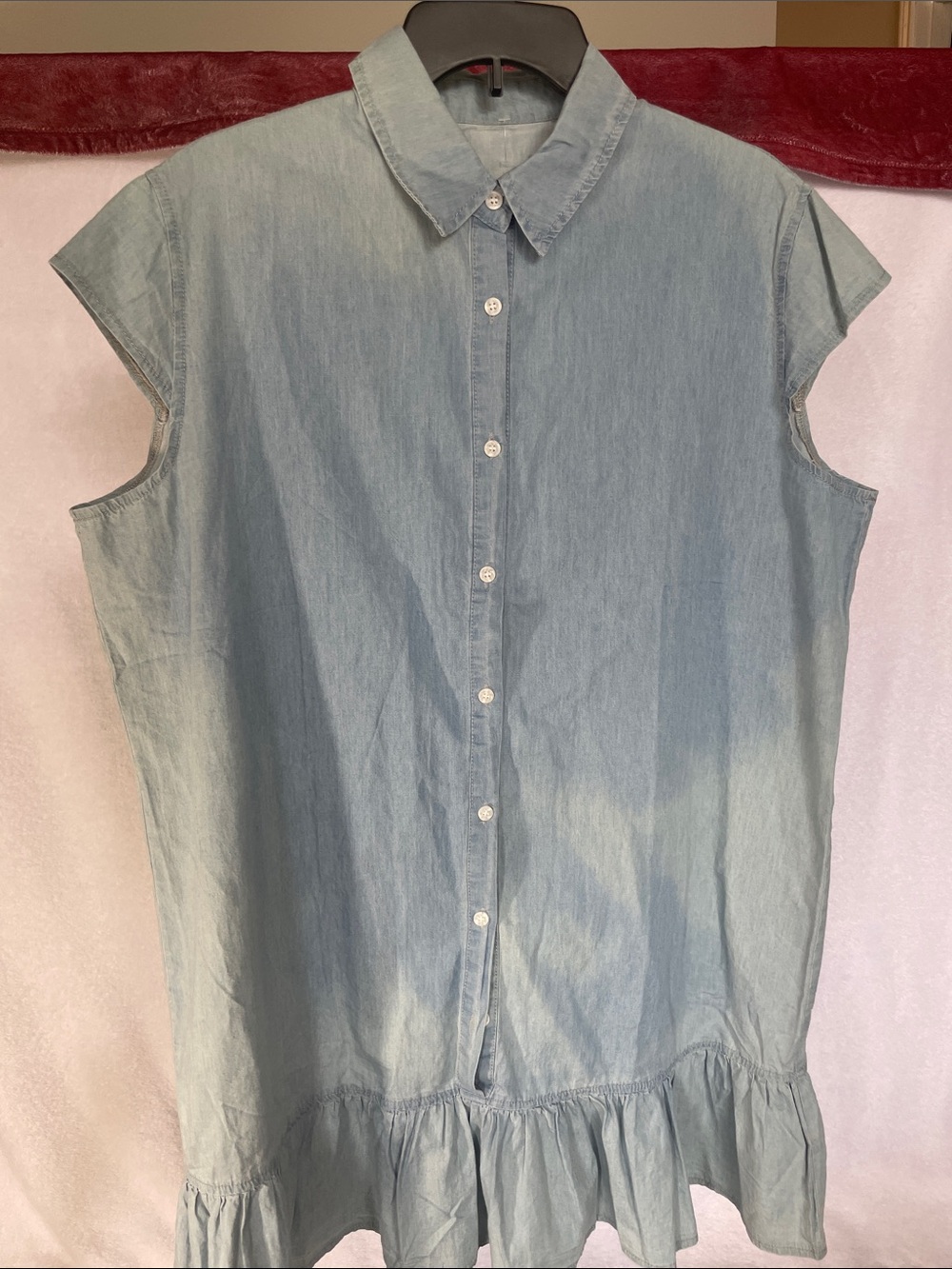 Sleeveless Light Blue Button-Down Dress with Ruffle Hem